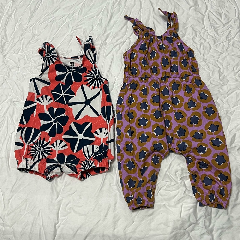 2 Tea Collection Infant 9-12 Months One Piece Romper Summer Bundle Lot Cotton